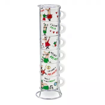 Bialetti Italia Set 6 tazas de espresso 80 ml blanco con soporte metálico cromado TAZZ202
