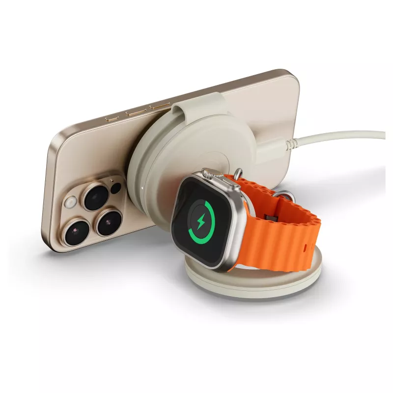 Cargador inalámbrico Satechi OntheGo 3 en 1 con Qi2, arena, 15W, ST-QTG31W