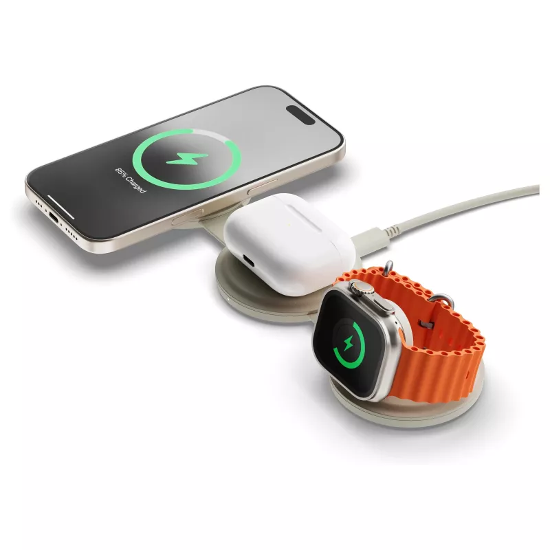 Cargador inalámbrico Satechi OntheGo 3 en 1 con Qi2, arena, 15W, ST-QTG31W