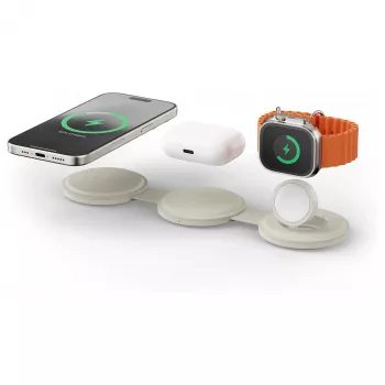 Cargador inalámbrico Satechi OntheGo 3 en 1 con Qi2, arena, 15W, ST-QTG31W