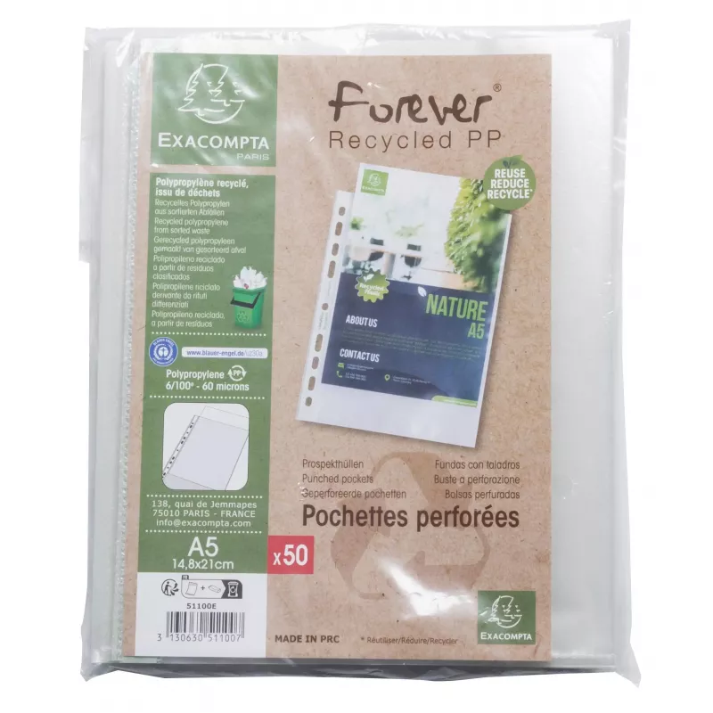 Exacompta Forever fundas perforadas A5 pack de 50 transparentes gofradas 0,06 mm