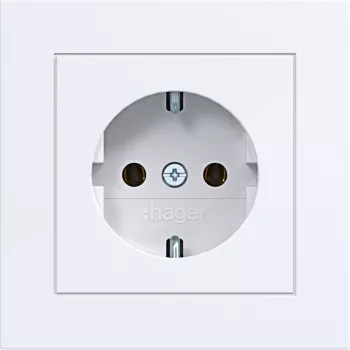 Hager WAS1120WG toma de corriente SCHUKO con tapa abatible, línea de diseño A.1, blanco claro brillante, IP44, 16A, 250V, bornes sin tornillos