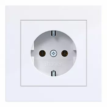 Hager WAS1120WG toma de corriente SCHUKO con tapa abatible, línea de diseño A.1, blanco claro brillante, IP44, 16A, 250V, bornes sin tornillos
