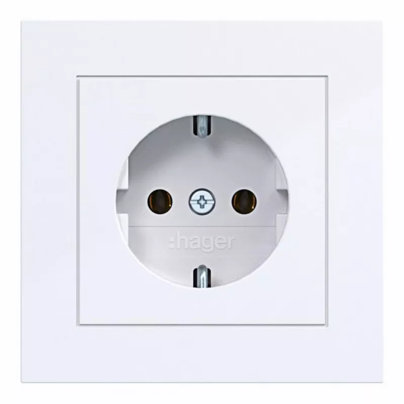 Hager WAS1120WG toma de corriente SCHUKO con tapa abatible, línea de diseño A.1, blanco claro brillante, IP44, 16A, 250V, bornes sin tornillos