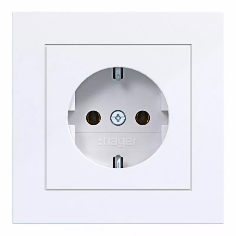 Hager WAS1120WG toma de corriente SCHUKO con tapa abatible, línea de diseño A.1, blanco claro brillante, IP44, 16A, 250V, bornes sin tornillos