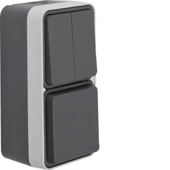 Hager WNC081 interruptor doble/toma SCHUKO de superficie con tapa abatible, vertical, blanco polar (RAL 9010)