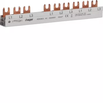 Hager KDN363J barra colectora de fases 3 polos con conexión de horquilla 10mm² 63A 10 módulos