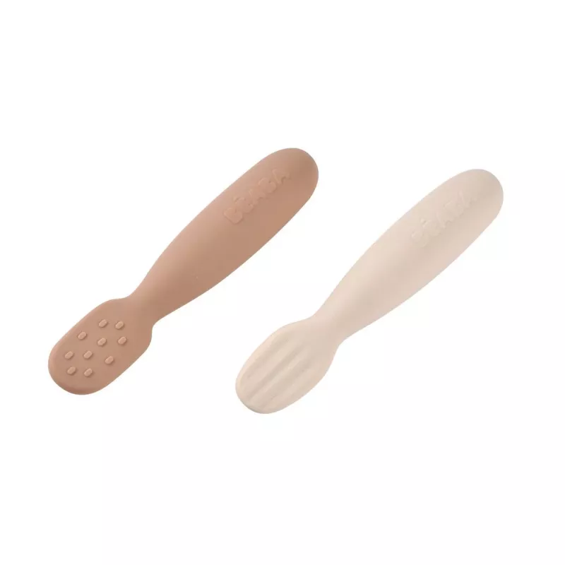 Set de 2 cucharas de primeras comidas y mordedores de silicona Beaba Praline/Clay
