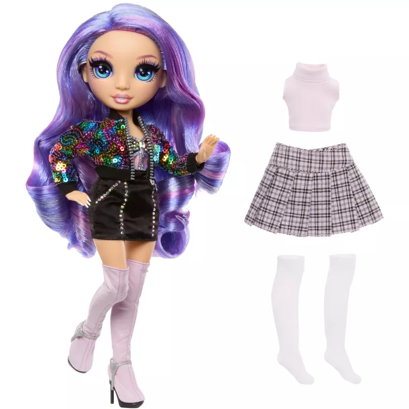 MGA Rainbow High Violet Willow muñeca de moda con 2 conjuntos y accesorios