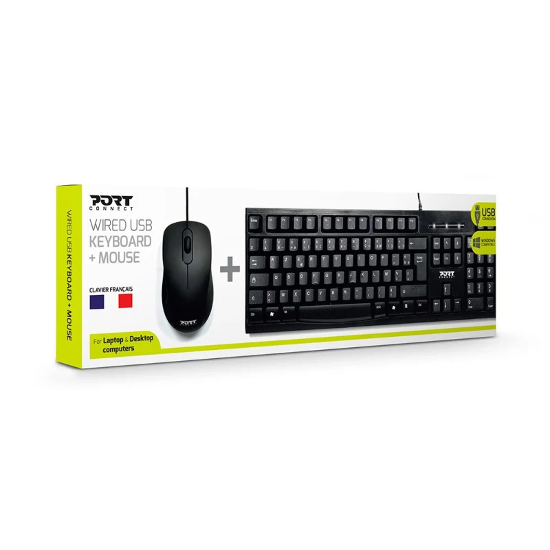 PORT Designs 900900 Conjunto de teclado y ratón USB con cable de tamaño completo, distribución AZERTY, Negro