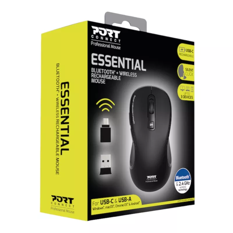 PORT Designs PORT Connect Professional ESSENTIAL ratón óptico inalámbrico - 5 botones - 2,4 GHz, Bluetooth - Receptor USB - Negro