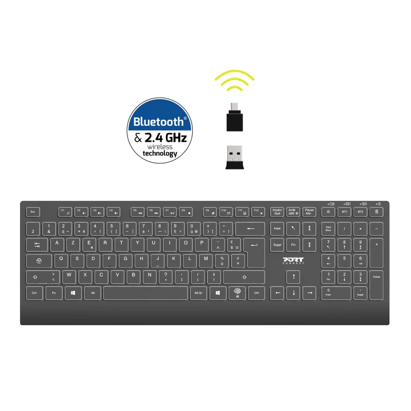 PORT Designs Teclado inalámbrico recargable iluminado - Distribución francesa AZERTY - Negro