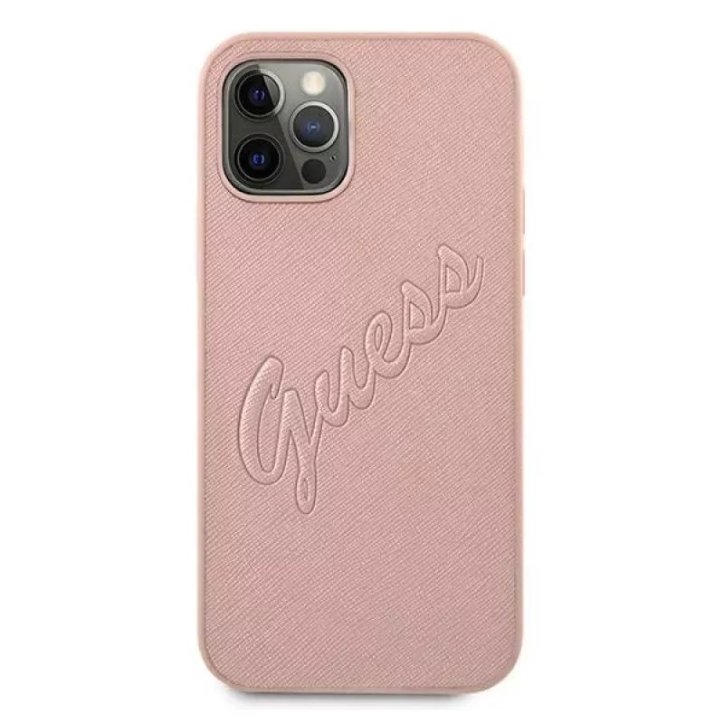 Guess GUHCP12LRSAVSRG Funda rígida Saffiano Vintage Script para Apple iPhone 12 Pro Max, Rosa