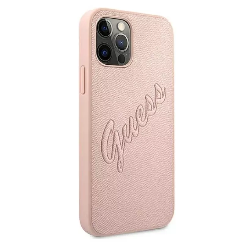 Guess GUHCP12LRSAVSRG Funda rígida Saffiano Vintage Script para Apple iPhone 12 Pro Max, Rosa