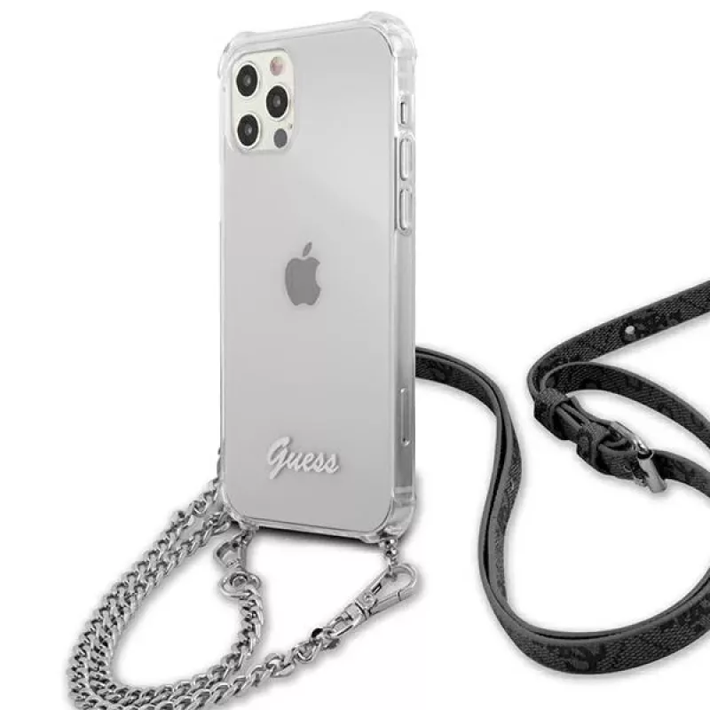 Guess GUHCP12LKC4GSSI funda rígida transparente con cadena plateada para iPhone 12 Pro Max 6,7