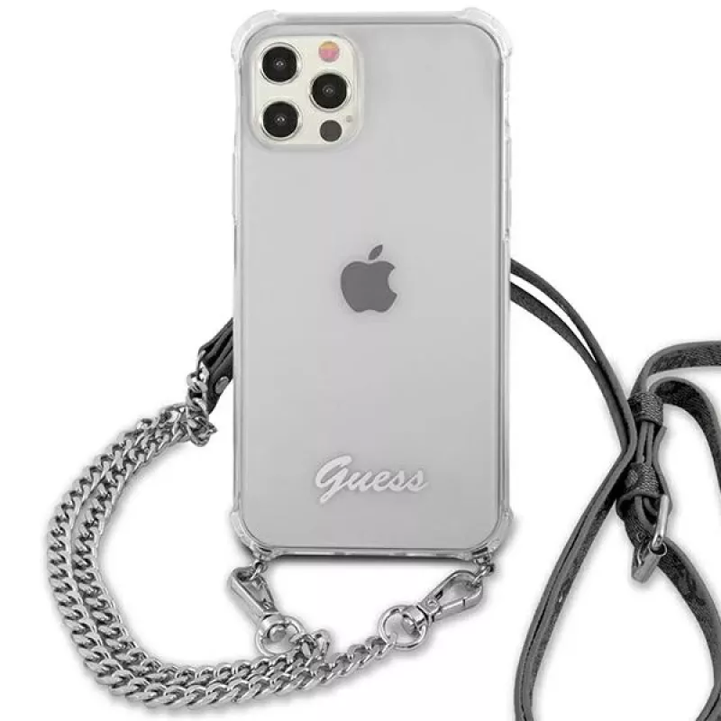 Guess GUHCP12LKC4GSSI funda rígida transparente con cadena plateada para iPhone 12 Pro Max 6,7