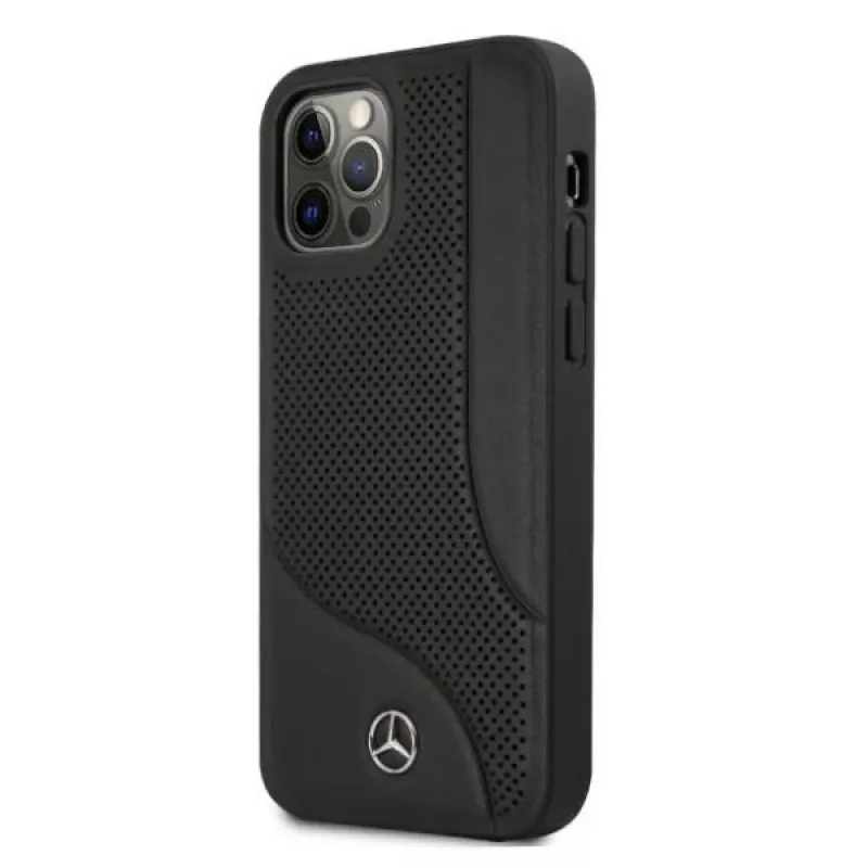 Mercedes-Benz funda rígida de piel negra con perforaciones para iPhone 12 Pro Max 6,7