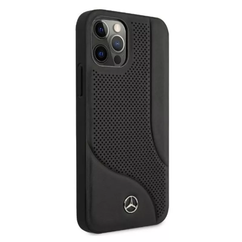 Mercedes-Benz funda rígida de piel negra con perforaciones para iPhone 12 Pro Max 6,7
