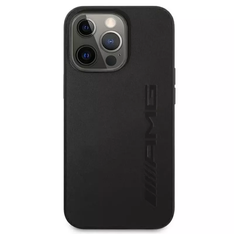 AMG AMHCP13LDOLBK funda rígida de piel auténtica Hot Stamped negra para iPhone 13 Pro