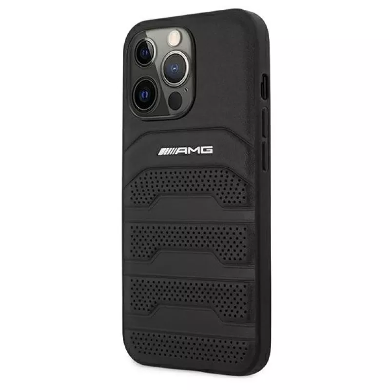 AMG AMHCP13LGSEBK funda rígida de piel negra con líneas en relieve para iPhone 13 Pro / 13 6.1