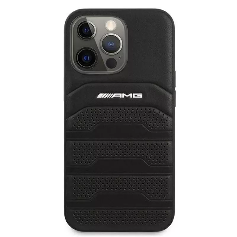 AMG AMHCP13LGSEBK funda rígida de piel negra con líneas en relieve para iPhone 13 Pro / 13 6.1