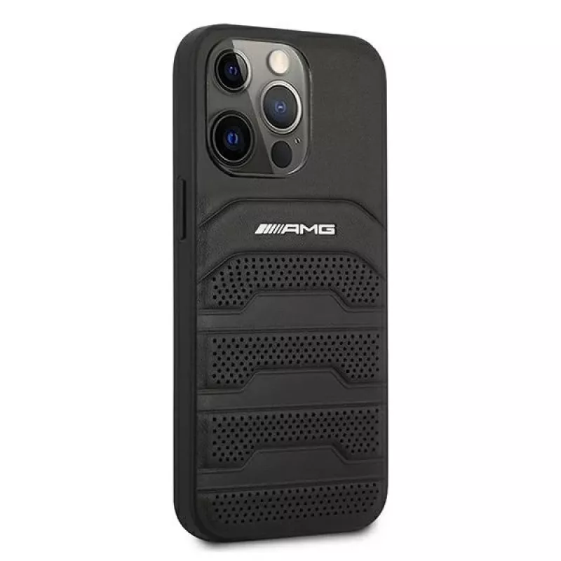 AMG AMHCP13LGSEBK funda rígida de piel negra con líneas en relieve para iPhone 13 Pro / 13 6.1