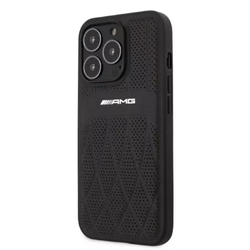 AMG AMHCP13LOSDBK funda rígida de piel Curved Lines negra para iPhone 13 Pro