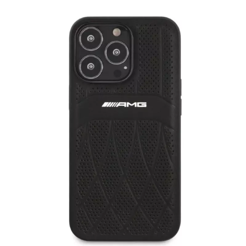 AMG AMHCP13LOSDBK funda rígida de piel Curved Lines negra para iPhone 13 Pro