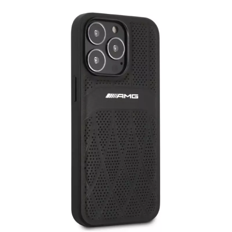AMG AMHCP13LOSDBK funda rígida de piel Curved Lines negra para iPhone 13 Pro