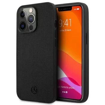 Mercedes-Benz MEHCP13LMBLBK funda rígida de piel negra Meshed Metal Logo para iPhone 13 Pro /13 6,1
