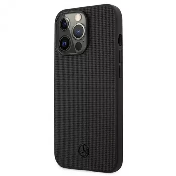 Mercedes-Benz MEHCP13LMBLBK funda rígida de piel negra Meshed Metal Logo para iPhone 13 Pro /13 6,1