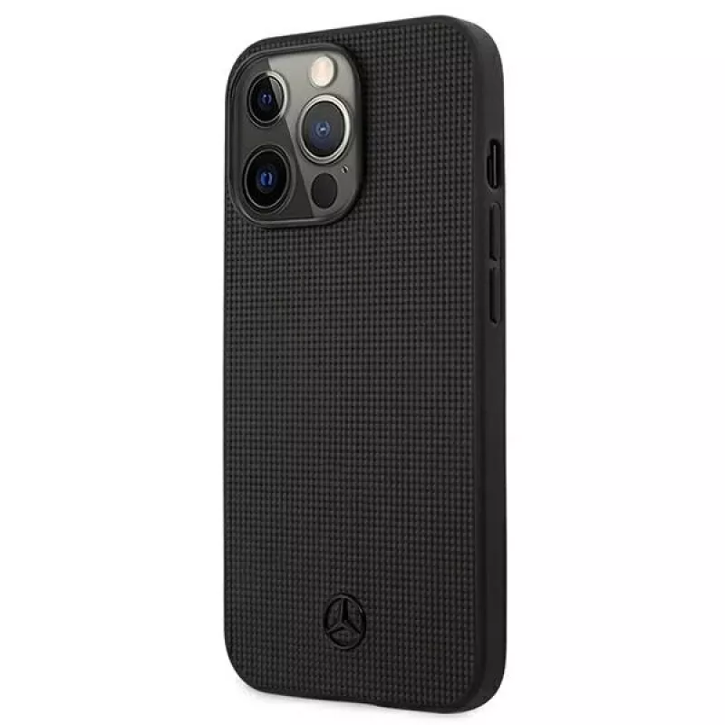 Mercedes-Benz MEHCP13LMBLBK funda rígida de piel negra Meshed Metal Logo para iPhone 13 Pro /13 6,1
