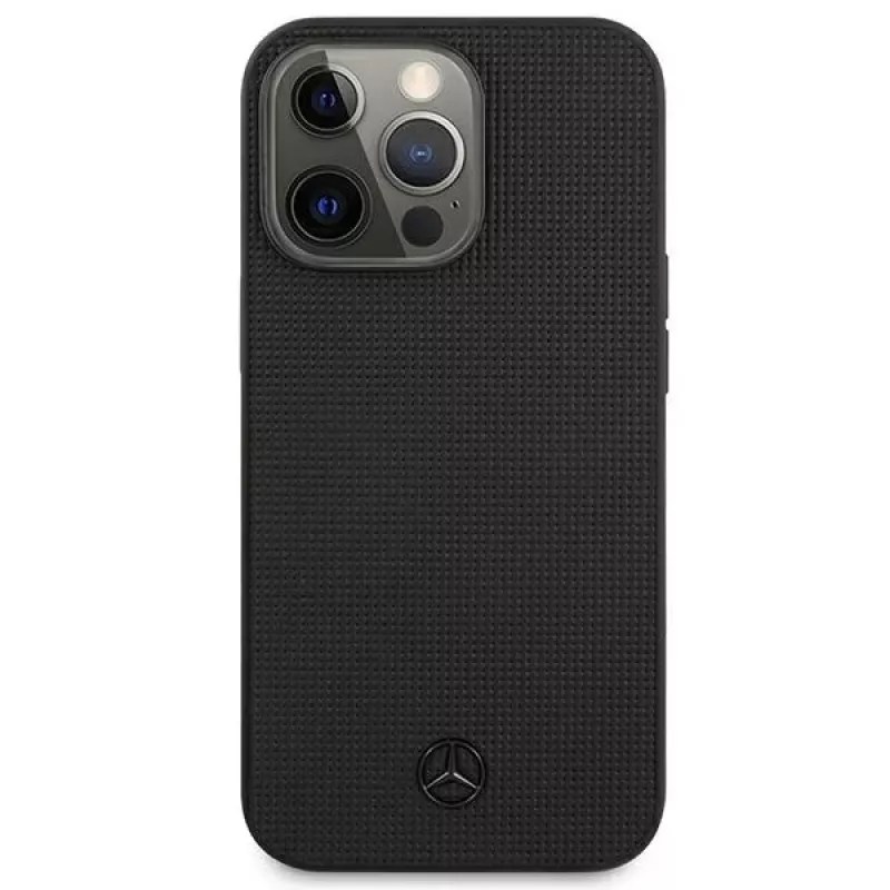 Mercedes-Benz MEHCP13LMBLBK funda rígida de piel negra Meshed Metal Logo para iPhone 13 Pro /13 6,1