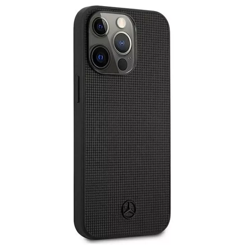 Mercedes-Benz MEHCP13LMBLBK funda rígida de piel negra Meshed Metal Logo para iPhone 13 Pro /13 6,1