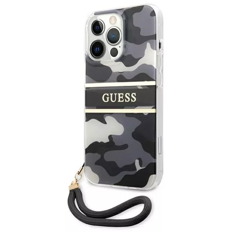 Guess GUHCP13XKCABBK funda rígida Camo Strap Collection negra para iPhone 13 Pro Max