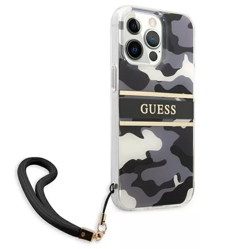 Guess GUHCP13XKCABBK funda rígida Camo Strap Collection negra para iPhone 13 Pro Max