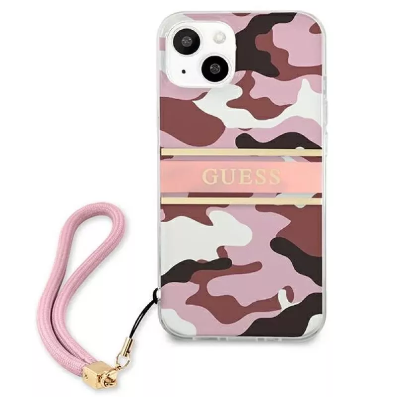 Guess GUHCP13MKCABPI funda rígida rosa Camo Strap Collection para iPhone 13 / 14 / 15 6,1