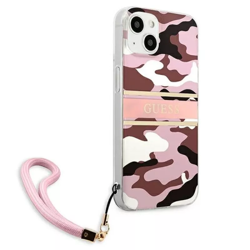 Guess GUHCP13MKCABPI funda rígida rosa Camo Strap Collection para iPhone 13 / 14 / 15 6,1