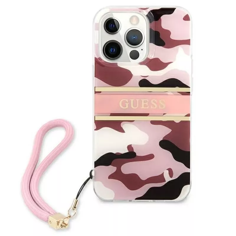 Guess funda rígida Camo Strap Collection para Apple iPhone 13 Pro / iPhone 13, rosa