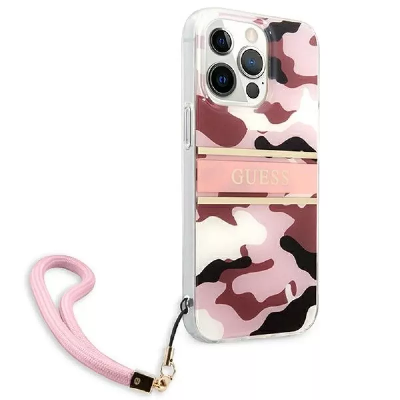 Guess funda rígida Camo Strap Collection para Apple iPhone 13 Pro / iPhone 13, rosa