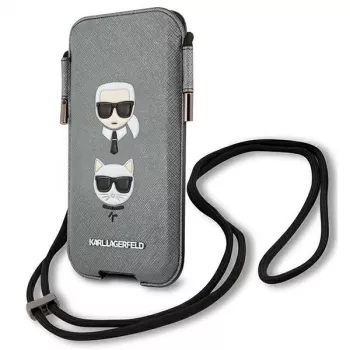 Karl Lagerfeld Ikonik funda rígida para Apple iPhone 12 Pro Max, gris Saffiano PU, diseño Karl & Choupette Head