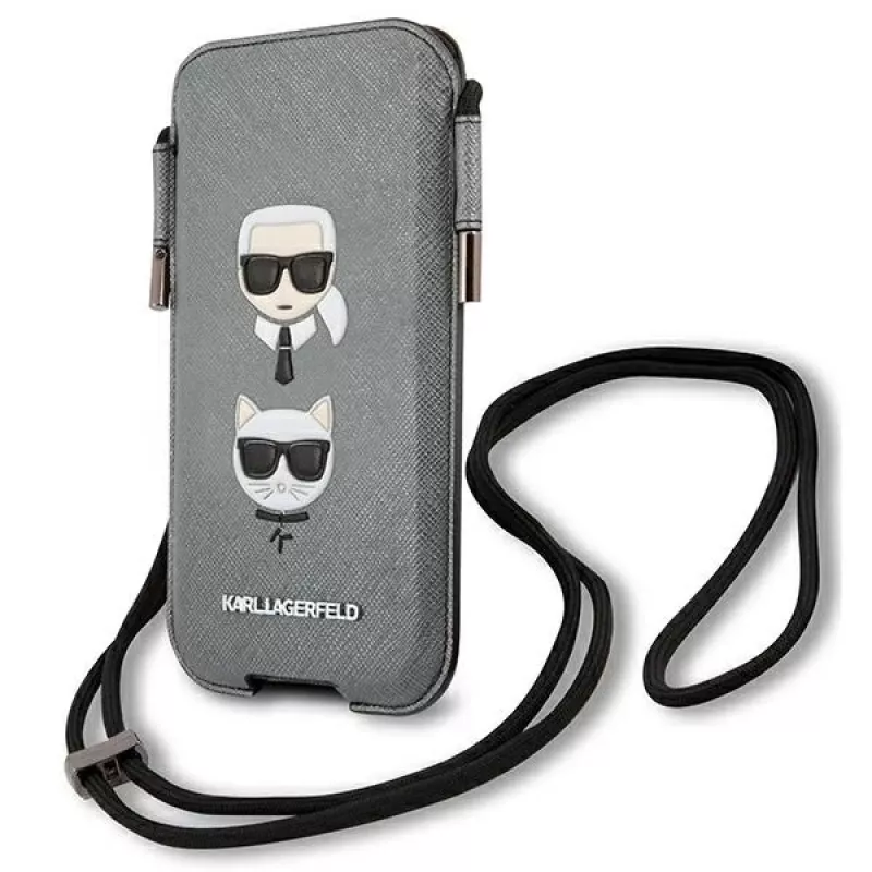 Karl Lagerfeld Ikonik funda rígida para Apple iPhone 12 Pro Max, gris Saffiano PU, diseño Karl & Choupette Head