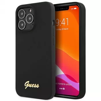 Guess GUHCP13XLSLMGBK funda de silicona negra con logo Script dorado para iPhone 13 Pro Max 6,7 inch