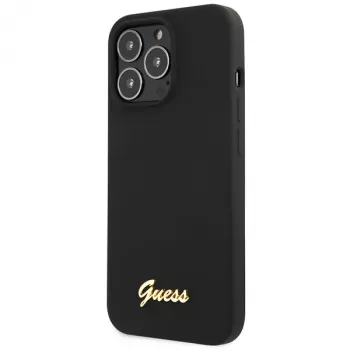 Guess GUHCP13XLSLMGBK funda de silicona negra con logo Script dorado para iPhone 13 Pro Max 6,7 inch