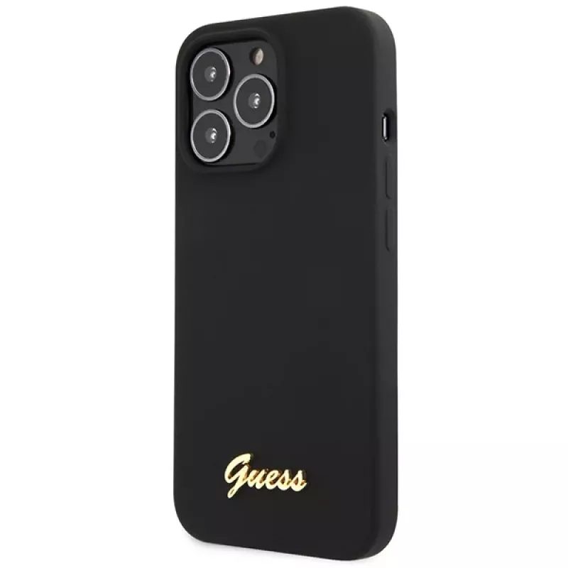 Guess GUHCP13XLSLMGBK funda de silicona negra con logo Script dorado para iPhone 13 Pro Max 6,7