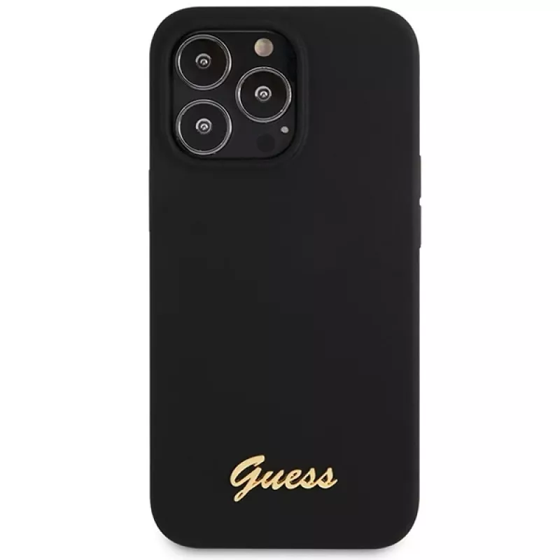 Guess GUHCP13XLSLMGBK funda de silicona negra con logo Script dorado para iPhone 13 Pro Max 6,7
