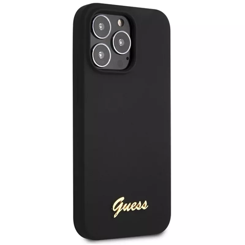 Guess GUHCP13XLSLMGBK funda de silicona negra con logo Script dorado para iPhone 13 Pro Max 6,7