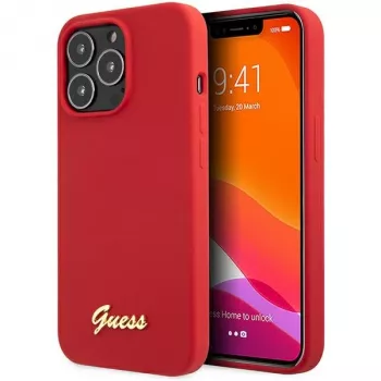 Guess GUHCP13XLSLMGRE funda rígida de silicona burdeos con logo Vintage Gold para iPhone 13 Pro Max 6,7 inch