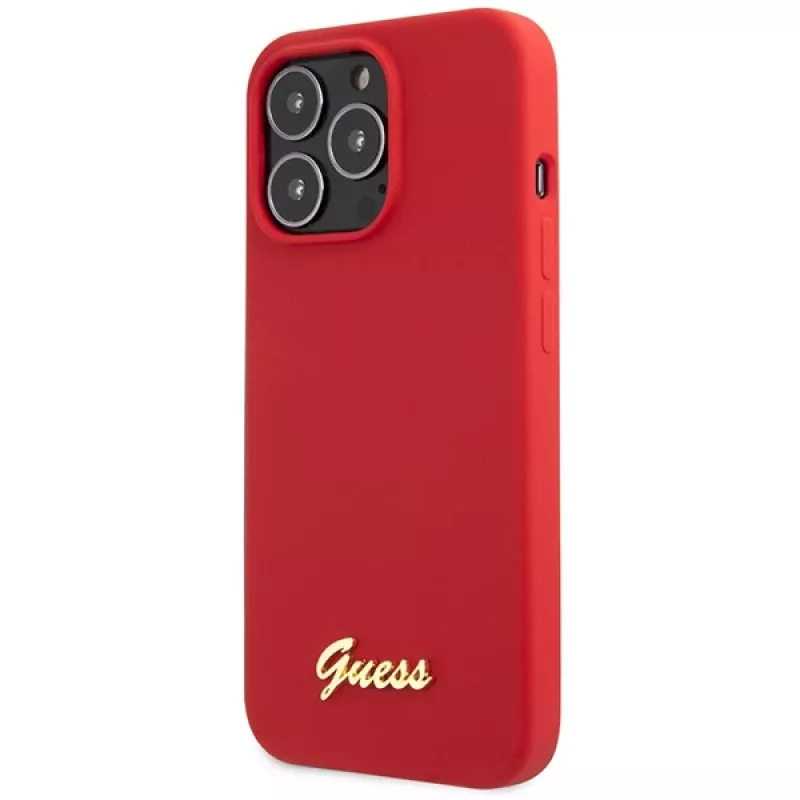 Guess GUHCP13XLSLMGRE funda rígida de silicona burdeos con logo Vintage Gold para iPhone 13 Pro Max 6,7