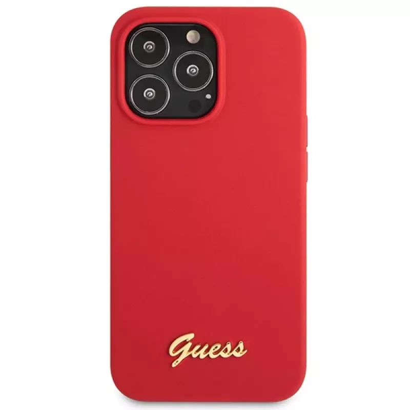 Guess GUHCP13XLSLMGRE funda rígida de silicona burdeos con logo Vintage Gold para iPhone 13 Pro Max 6,7
